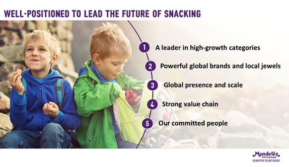 Infographic showing: "a leader in high growth categories, powerful global brands and local jewels, global presence and scale, strong value chain, our committed people" With a picture of 2 boys sitting and eating cookies out of a backpack in the background.