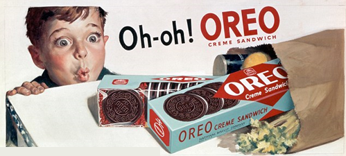 60's styled ad of a bewildered child leaning on a counter top looking at a spilled bag of groceries that has Oreo creme sandwich boxes falling out. In text: "Oh-Oh! OREO"