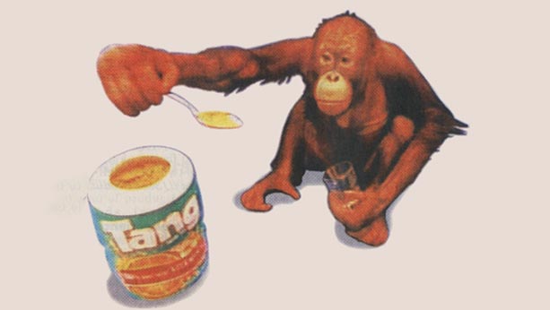 Illustration from 1995 of an orangutan holding a spoon with tang powder in it over a jar of tang.