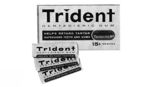 Black and white photo of original trident gum packaging from 1964.